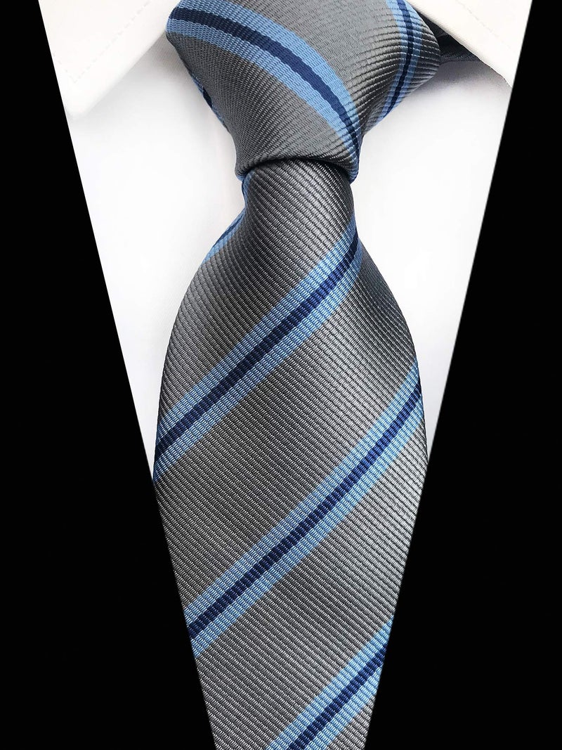 Secdtie Mens Repp Soft Grey Blue Silk Ties Fine Stripe Self Working Formal Suit Neckties - Image 2